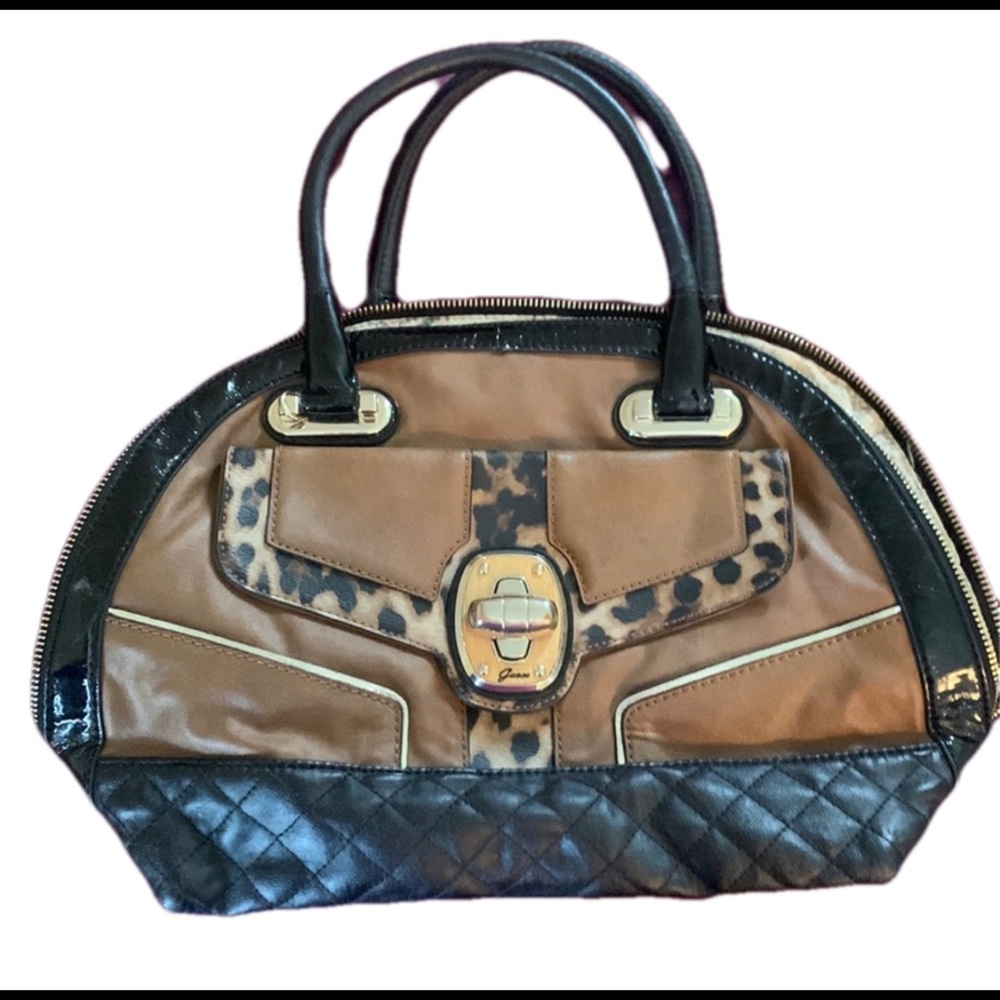 Guess faux leather black/tan purse with leopard detail